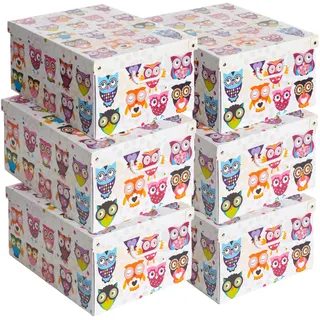 Set aus 6 Aufbewahrungsboxen mit Deckel – Große Kleiderboxen aus Karton 39x50x24 cm – Robust, leicht zu montieren, mit Tragegriffen – Perfekt für Kleiderschrank & Saisonwechsel Eulen