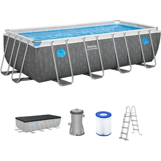 Bestway Steel Pro MAX Frame Pool Komplett-Set mit Filterpumpe, 488 x 244 x 122 cm, 11.532 Liter, Rattan-Optik, Splashview Bullaugen, Sicherheitsleiter, Abdeckplane, Filterkartusche, Schiefergrau