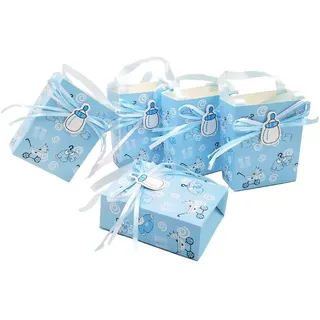 JZK 24 x Blau Gastgeschenk Süßigkeiten Schachtel mit Babyflasche Muster für Baby Mädchen Geburtstag Taufe Neugeborenen Babyparty Baby Shower Kinder Party