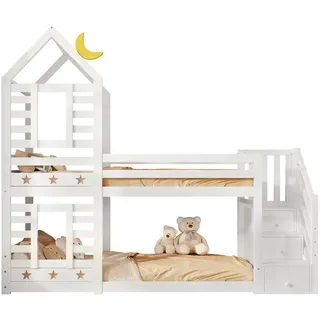 Okwish Etagenbett Baumhaus 90/200 cm Weiß mit Schubladen und Rausfallschutz , Holzwerkstoff , 90x200 cm , Babymöbel & Kindermöbel, Kinderzimmer & Jugendzimmer, Stockbetten