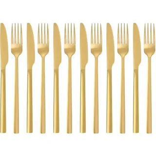Ibenzoa® 12-teiliges Besteckset aus 18/8 Edelstahl – 6 Tafelmesser (23 cm) & 6 Gabeln (21,5 cm), goldfarbene Oberfläche, rost- & korrosionsbeständig, spülmaschinengeeignet - Gold