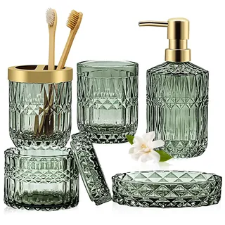 5 Stück Grünes Glas Badezimmer Zubehör Set, Glas Badezimmer Accessoires Set von Lotionspender,Seifenschale,Zahnbürstenhalter,Becher,Wattestäbchen Badezimmer Deko Set für Modernes Bad,Vintage Geschenk