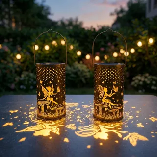 Freekite 2 Stück Solarlaterne für Außen, Retro Engel Schmetterlings Solarlaterne für Außen mit Hirtenhaken, Solar Lampions Außen Wetterfest für Garten Draußen Gartendeko Patio Rasen Geschenk