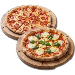 Pizzateller Holz 2er Set mit Griffmulden aus leichtes Buchenholz 33 cm | 33 cm, Schneidrillen, Erleichtert das Schneiden, Leicht zu reinigen, Hitzebeständig, Für Pizza Snacks und Käse