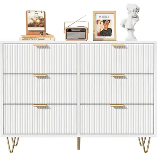 Fortuna Lai Kommode mit 6 Schublanden 100x34x73cm Aufbewahrungsschrank für Kleidung Dokumente Spielzeug viel Stauraum Sideboard schmal für Wohnzimmer Schlafzimmer Kippsicherung Einfache Montage(Weiß) - Weiß