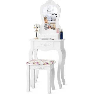 FANTASK Vintage Schminktisch Set mit abnehmbarem Spiegel, Kleiner Makeup Tisch mit 3 Schubladen und gepolstertem Hocker, Kosmetiktisch Frisiertisch Schminkkommode in Weiß
