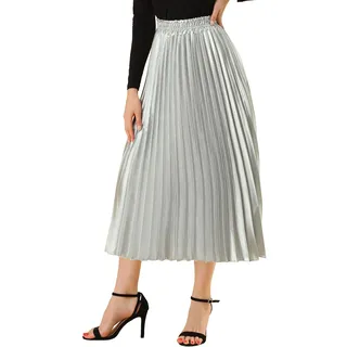 Allegra K Women's Zip Closure Accordion Pleated Metallic Midi Party Skirt Silver Tone Large