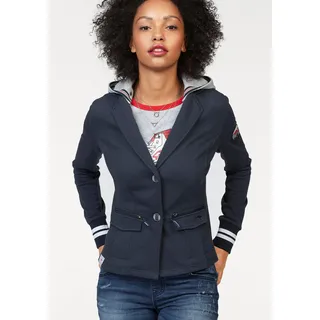 Sweatblazer KANGAROOS, Damen, Gr. 32, blau (marine, hellgrau, meliert), Sweatware, Obermaterial: 65% Polyester, 35% Baumwolle. Einsatz: 63% Polyester, 33% Baumwolle, 4% Elasthan. Kapuze: 50% Baumwolle, 50% Polyester, kontrastfarbene Details, unifarben, figurbetont hüftlang, Rippstrickbündchen, Blazer Sweatblazer, mit vielen Details und abnehmbarer Kapuze