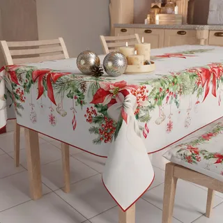 PETTI Artigiani Italiani Petti - Weihnachtstischdecke Tischdecke 140 x 300 cm, rechteckig, schmutzabweisend & fleckenabweisend, Pflegeleichte Mikrofaser mit Motiv Girlande, ideal für Advent & Weihnachten