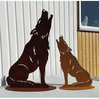 Gartenfigur Wolf heulend groß 75x48cm auf Platte Edelrost Gartendeko Wetterfest Rost Metall Rostfigur Hund Fuchs Jagd Tier von Steinfigurenwelt
