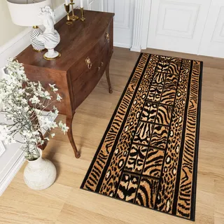 TAPISO Atlas Teppich Läufer Meterware Flur Kurzflor Küche Wohnzimmer Streifen Linien Tiermotiv Tiger Leopard Schwarz Gelb ÖKOTEX 120 x 500 cm