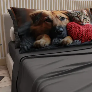 PETTI Artigiani Italiani - Bettwäsche Tiere mit Katzen und Hunden aus Baumwolle mit Kissenbezügen im Digitaldruck, Bettwäsche für Doppelbett, Dunkelgrau, 100% Made in Italy