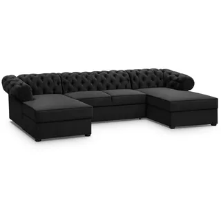 beautysofa CHESTER U – U-Form Ecksofa im Chesterfield Stil, Stoff Kronos 07 Schwarz, mit Schlaffunktion & Bettkasten, Materialknöpfe - Schwarz