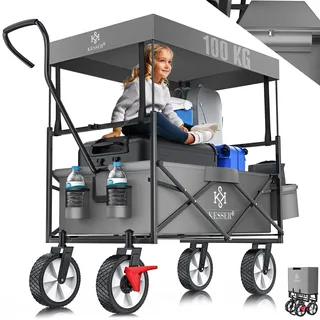 KESSER® Bollerwagen faltbar mit Dach Handwagen Transportkarre Gerätewagen | inkl. 2 Netztaschen und Einer Außentasche | klappbar | Vollgummi-Reifen | bis 100 kg Tragkraft | Mit Vorderrad-Bremse - Grau