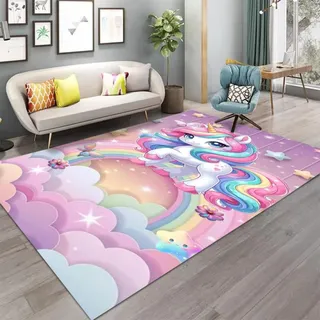 Magisch Fantasy Einhorn Rosa Teppich für Mädchen Zimmer, Regenbogen Blumen Einhorn Bereich Teppich für Kinderzimmer, Kindergarten, Fußmatte Nachttischmatte, Weich Rutschfest, 140x200 cm, Color 3