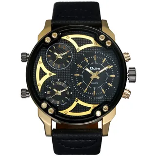 JewelryWe Herren Übergroße Armbanduhr DREI Zeitzone Analog Quarz Uhr Leder Band Sportuhr mit schwarzem Zifferblatt