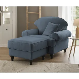 Sessel Set "Adelina" in blau Landhaus Loungesessel inklusive Hocker - Blau