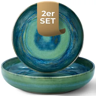 palmer tiefe Teller-Set Miami - 2 x Pastasteller aus Steinzeug Ø 22 cm - Teller grün-blau, spülmaschinenfest - Modernes Steinzeug Geschirr ofen- & mikrowellenfest