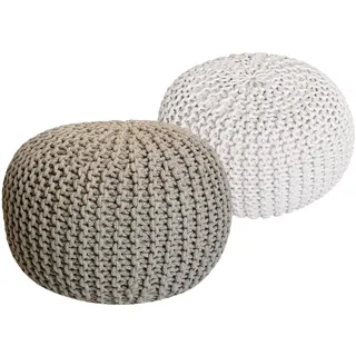 Strickhocker 2er Set Pouf Sitzpouf Sitzpuff Pouf Bodenkissen Ø 55cm beige/weiß - Beige, Weiß