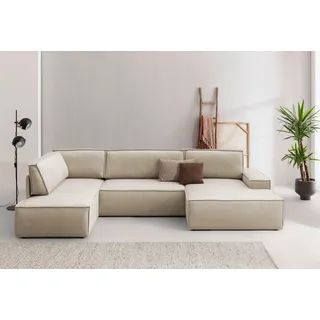 Home affaire Wohnlandschaft »SHERWOOD XXL 329 cm, U-Form, Schlafsofa,«, Schlaffunktion m. Bettkasten (194x139 cm), Cord, Vintage, Samtvelours, beige