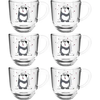 Leonardo Bambini Glas-Tassen 6er Set, Kinder-Becher aus Glas mit Tier-Motiv, spülmaschinengeeignete Tee-Tassen, Panda bunt, 6 Stück, 280 ml, 022901