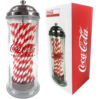 Kimm & Miller Coca Cola Glas-Trinkhalm-Halter und -Spender, offizielles Coca-Cola-Geschenk, Merchandise-Artikel und Retro-Küchenzubehör, mit 50 gestreiften Papier-Trinkhalmen