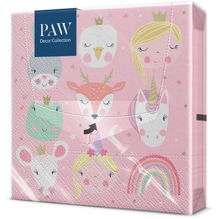 PAW - Servietten 3-lagig (33 x 33 cm) I 20 Stück I Perfekt für Kindergeburtstage, Partys, Kommunion und Feiern I Papierservietten Bunt mit Party Motiv I Tiere, Prinzessin, Rosa - Magical Friends