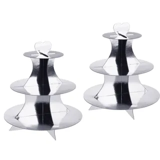 2 Stück Cupcake / Muffin Ständer mit 3 Böden, Etagere 3 Stöckig aus Pappe in Gold und Silber (2x Silber)