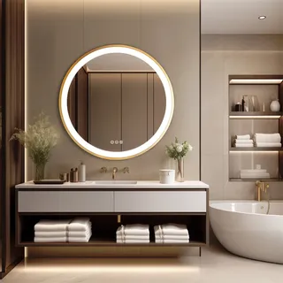 WISFOR LED Badspiegel mit goldenem Aluminiumrahmen 60x60cm, rund Wandspiegel mit Touch Schalter, Anti-Fog dimmbar 3 Lichtfarben, IP44 Energiesparend - Gold