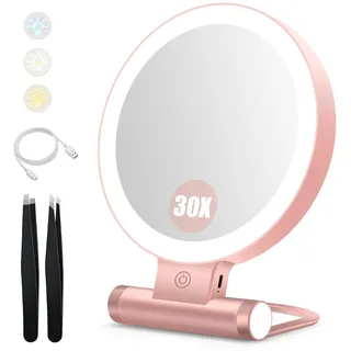 B Beauty Planet Kosmetikspiegel mit Beleuchtung, 30 fache/1-fach Doppelseitige Tischspiegel,3 Farblichter, DimmbarerSchminkspiegel,Reisen Kosmetik Spiegel mit Beleuchtung