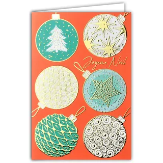 Karte „Joyeux Noël“ Kugeln Tannenbaum Stern Wellen Rinde Tannenbaum blau grün orange gold vergoldet