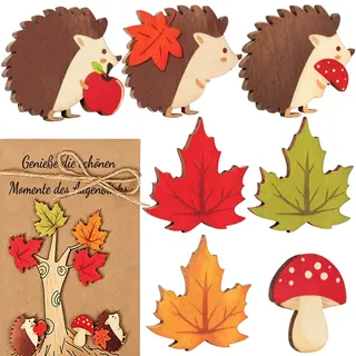 70 Stück Herbst Streudeko Holz Set, Herbstdeko Konfetti Tischdeko Herbst | Streudeko Herbst mit Bunt Ahornblatt Igel Pilzen Muster, Holzdeko Herbst, Herbstdeko Tisch Deko für DIY Handwerk Verzierungen