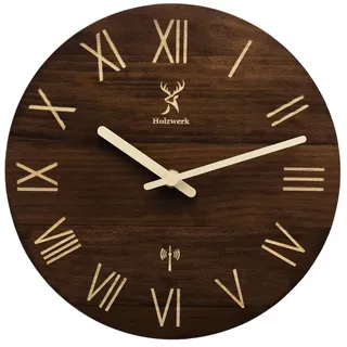 Holzwerk Germany Vintage Natur Holz Funkwanduhr Funk Wanduhr Holzuhr Vintage Funkuhr lautloses Uhrwerk ohne Tickgeräusche Braun Weiß lautlos Retro Rustikal Massivholz Natur Uhr Römische Ziffern 25 cm