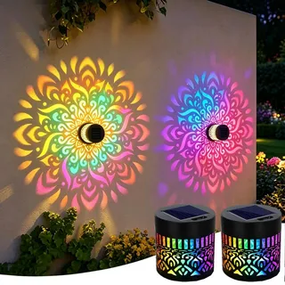 Solarlampen für Außen Mandala, 7 Farbverläufe LED Projektionslampe Wetterfest Wasserdicht Wandleuchten Metallzaunlicht Gartendeko Zaunleuchten für Terassendeko Gartenlaterne Outdoor (2 Stück)