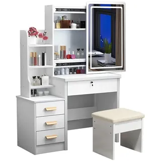Stilvora Schminktisch in Weiß Frisiertisch mit Spiegel LED-Beleuchtung Hocker 4 Schubladen 3 Farbmodi , B85/T36/H130cm , Holzwerkstoff, Glas , Rechteckig,Rechteckig , 85x130x36 cm , Schlafzimmer, Schminktische