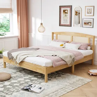 Sweiko Doppelbett, Rattanbett, Jugendbett Erwachsenenbett 160X200cm, Rattannetzkissen, mit 15 Latten und Mittelfüße, Kiefer + PE-Rattan, Natur