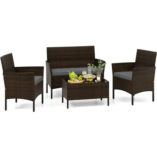 FANTASK Balkonmöbel Set, Gartenmöbel Rattan inkl. 2 Sessel, Bank, Tisch & Sitzkissen, Outdoor Lounge Möbel, Terrassenmöbel für Terrasse, Balkon, Garten (Grau)