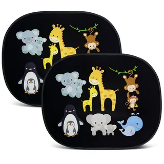 HECKBO 2X Auto Sonnenblende mit 8 Saugnäpfen - Baby Tiere mit Mama - 44x36cm - Auto Fenster Seitenfenster Sonnenschutz Autosonnenblende Seitenscheibe - mit Tasche - für Baby Kinder Mädchen Jungen