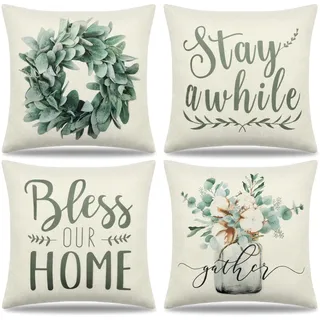 Dremisland 4er Set Outdoor Kissenbezüge 40x40 Grün Kissenbezug Eukalyptus Kranz Vase Zierkissen Leinen Couchkissen Sommer Dekokissen Kissen Outdoor Deko Für Sofakissen Cafe Garten Haus
