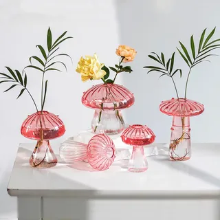 Hewory Pilz Deko Vase Glas: Aesthetic Vase Rosa Pilzförmige Blumenvase Kleine Vasen für Tischdeko - Mini Terrarium Deko Propagation Station Hydrokultur Vasen Set für Cute Room Decor Wohnzimmer Büro