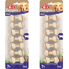 8in1 Delights Beef Knochen XS - gesunde Kauknochen für Sensible Mini Hunde, hochwertiges Rindfleisch eingewickelt in Rinderhaut, 7 Stück (Packung mit 2)