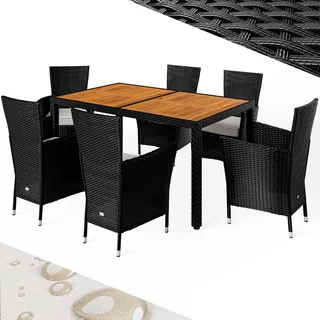 CASARIA® Gartenmöbel Set 6 Stühle inkl. 7cm Polster Tisch 150x90cm Polyrattan wetterfest stapelbar outdoor Balkon Terrasse 160kg belastbar modernes Akazienholz Schwarz - Schwarz
