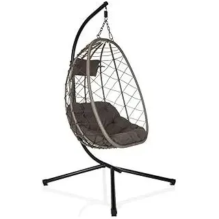 Hängesessel mit Gestell COCOVA Outdoor Hängestuhl mit Kissen, Sessel für Garten, Balkon, Terrasse und Wohnzimmer, Schwarz/Grau
