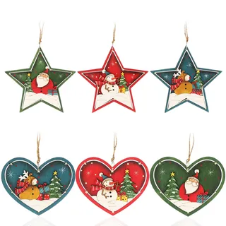 COM-FOUR com-four® 6X Holzanhänger für den Weihnachtsbaum - Christbaumschmuck aus Holz - Holzverzierung Weihnachtsdeko mit bunten Motiven - Dekoration für den Weihnachtsbaum
