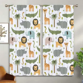 ZZTBQ Cartoon Safari Kurz Gardinen Blickdicht Dschungel Tier2er Set H 90 x B 132 cm Ösenvorhang Vorhang Verdunkelungsvorhang Wildtiere Löwe Elefant Giraffe Küchengardinen mit Ösen