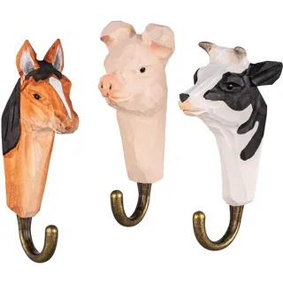 your castle 3 Wandhaken Garderobehaken Kleiderhaken aus Holz Bauernhof: Pferd, Kuh und Schwein, mit Metallhaken handgearbeitet 12cm