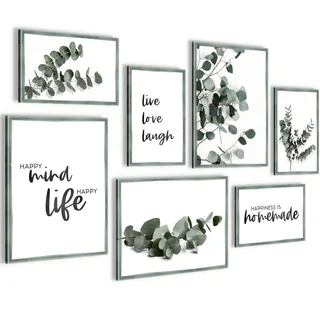 Novart Wandbilder Eukalyptus Pflanze - KOMPLETT AUFHÄNGFERTIG - Grüne Blätter Wohnzimmer Schlafzimmer - 7 Moderne Mood-Bilder - N003771b
