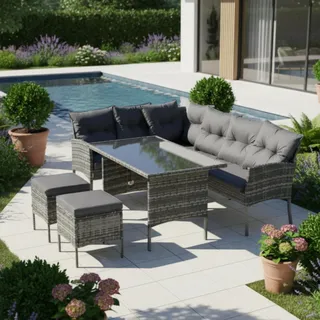 Flieks Rattan Gartenmöbel Set 7 Personen, Terassenmöbel Balkonmöbel Set 4-tlg mit Kissen, Gartenlounge Set Loungemöbel Gartengarnitur Sitzgruppe, Grau - Grau