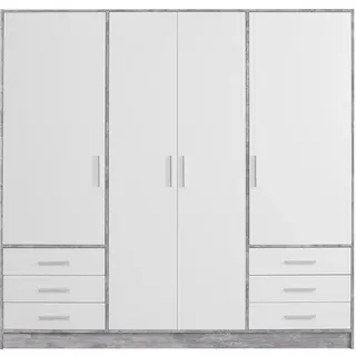 FORTE Jupiter Schrank 200 210, Kleiderschrank, Drehtürenschrank, 4-türig, mit 6 Schubladen und Einlegeböden, Betonoptik Grau und Weiß, 206.5 cm breit x 60 cm tief x 200 cm hoch