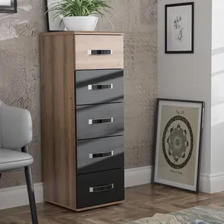 FORTE Dolce Kommode 40, Schmale Kommode mit 5 Schubladen, Modernes Sideboard, Holzwerkstoff, Schlammeiche Holzdekor/Schwarzeiche Holzdekor, 40,4 cm breit x 117,6 cm hoch x 41,3 cm tief